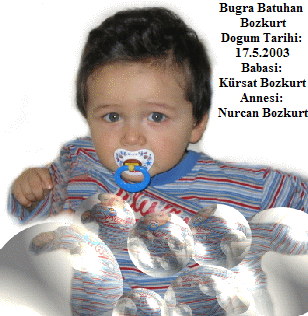 Bugra Batuhan 
Bozkurt
Dogum Tarihi: 
17.5.2003
Babasi: 
Krsat Bozkurt
Annesi: 
Nurcan Bozkurt